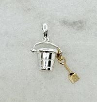 Sterling Silver Polished 3D Moveable Bucket with 14k Shovel Pendant