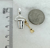 Sterling Silver Polished 3D Moveable Bucket with 14k Shovel Pendant
