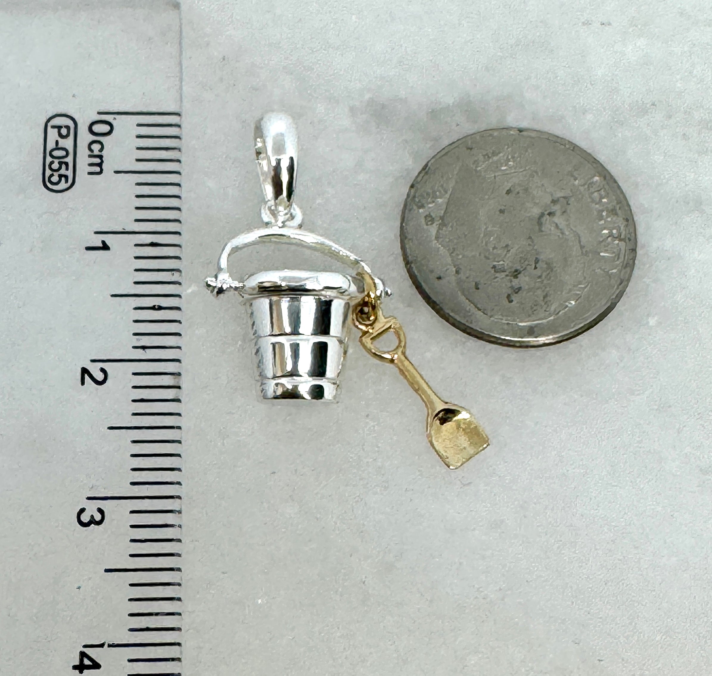 Sterling Silver Polished 3D Moveable Bucket with 14k Shovel Pendant