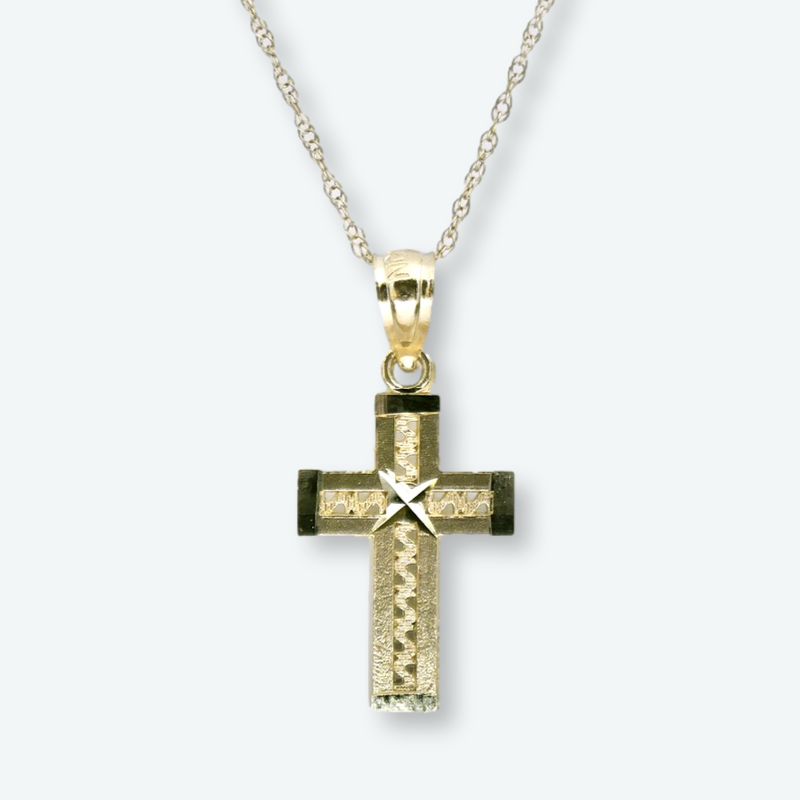 14K Yellow Gold 7/8” Diamond Cut Cross Pendant w/ 10K Chain