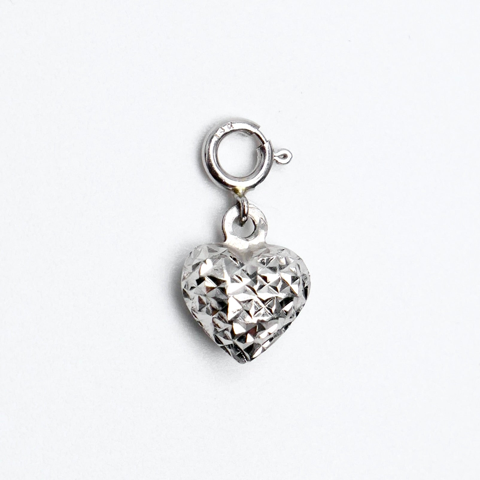 14K White Gold 14mm Diamond Cut Puffed Heart Charm w/Spring Clasp