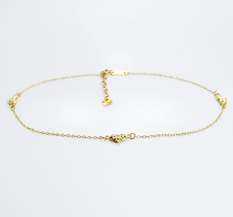 14K Yellow Gold 9"-10" Adjustable Diamond Puffed Hearts Ankle Bracelet