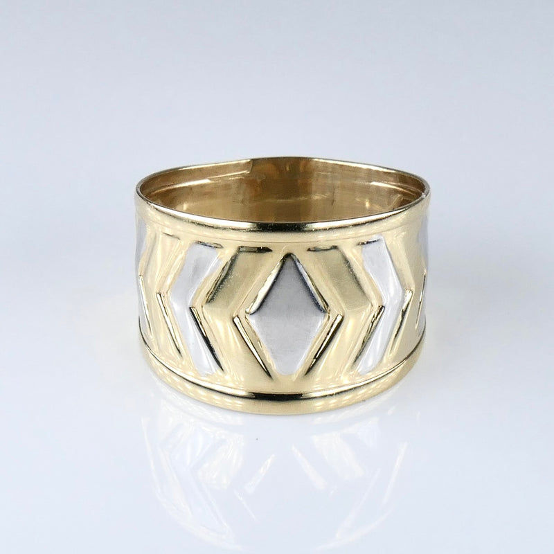10K Yellow and White Gold Cigar Style Wide Band Ring
