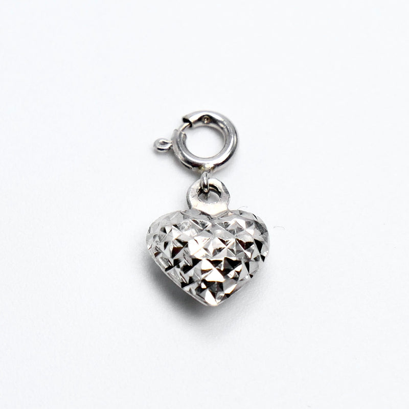 14K White Gold 14mm Diamond Cut Puffed Heart Charm w/Spring Clasp