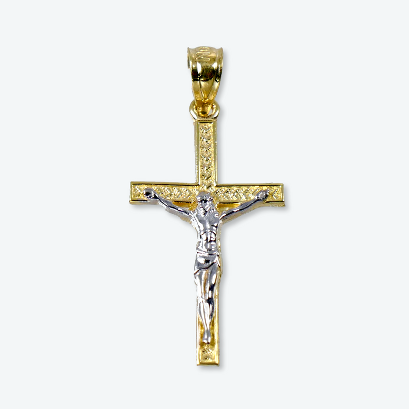 10K Yellow and White Gold 1" Crucifix Cross Pendant