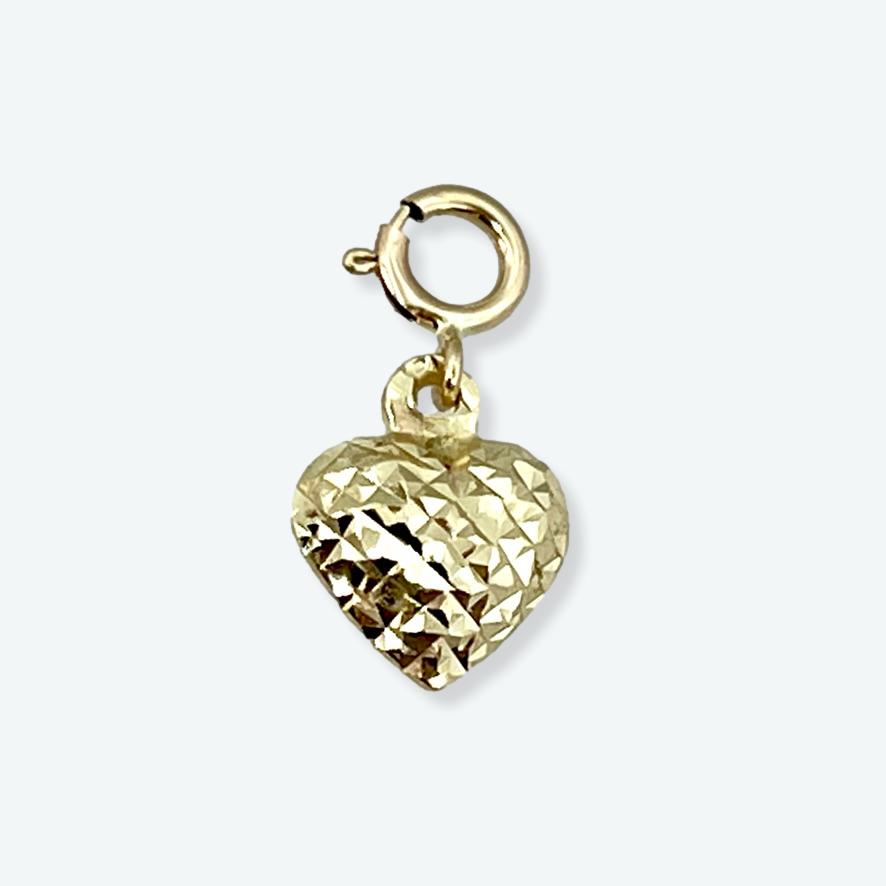 14K Yellow Gold 14mm Diamond Cut Puffed Heart Charm w/Spring Clasp