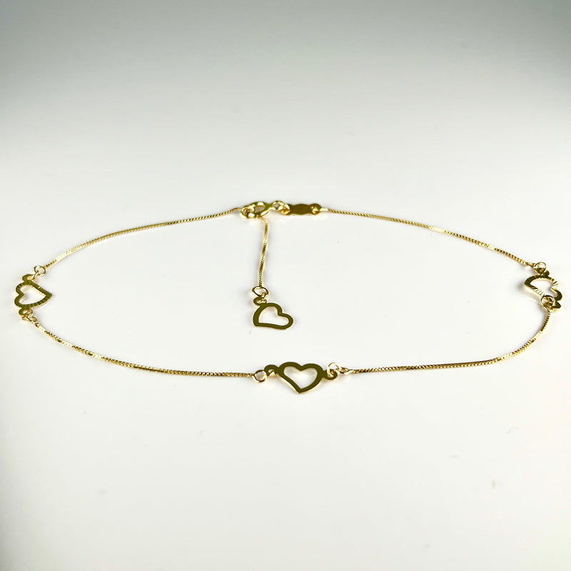 14K Yellow Gold 9”-10" Adjustable Open Heart Box Link Ankle Bracelet
