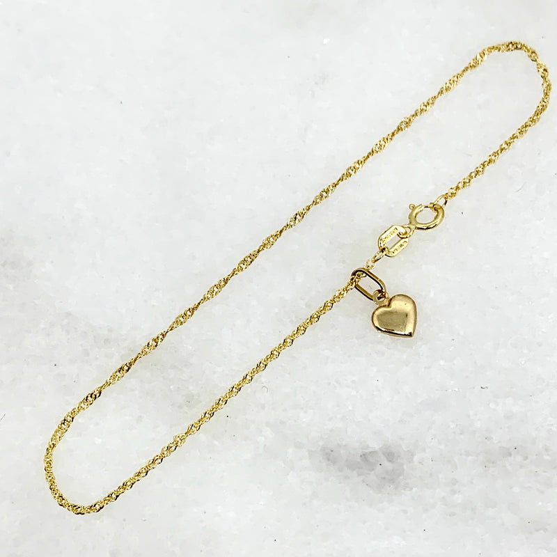 10K Yellow Gold Singapore Bracelet w/Heart Charm