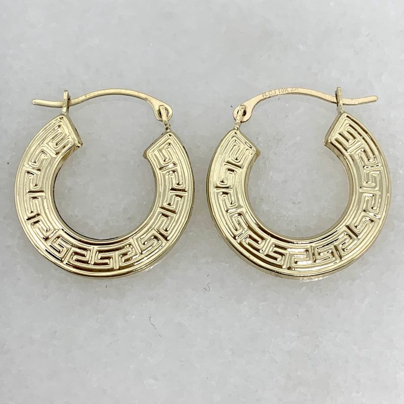 10K Yellow Gold 3/4” Greek Key Hoop Earrings